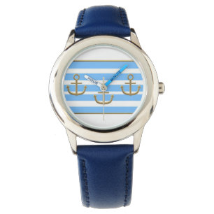 gold anchor blue white background watch