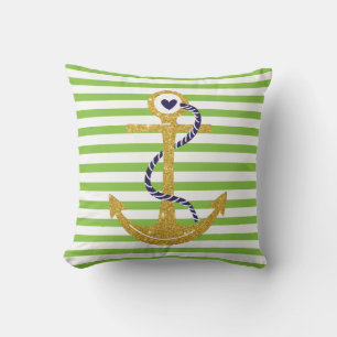 Gold anchor green, white stripes nautical outdoor cushion