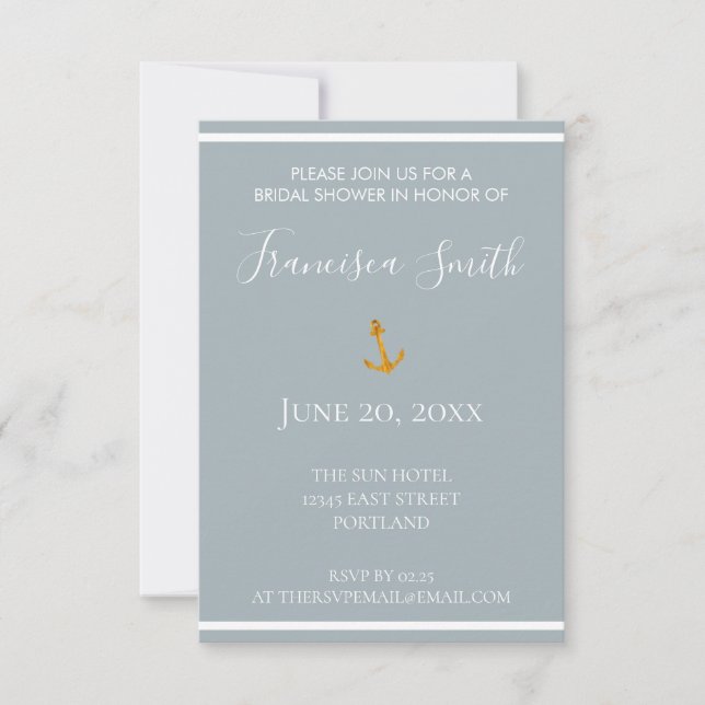 Gold Anchor Grey Nautical Bridal Shower Invitation (Front)
