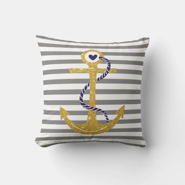 Gold anchor grey, white stripes nautical cushion (Front)