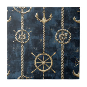 Gold Anchor & Helm Nautical Pattern Ceramic Tile