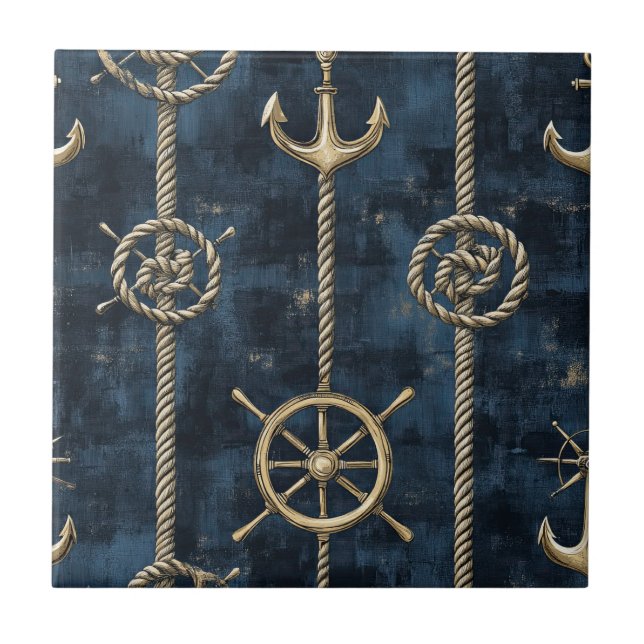 Gold Anchor & Helm Nautical Pattern Ceramic Tile (Front)