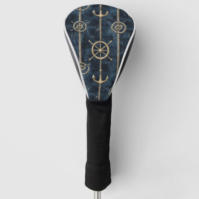 Gold Anchor & Helm Nautical Pattern Golf Head Cover (Front)