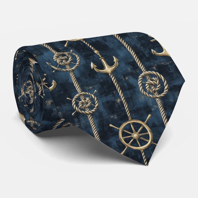 Gold Anchor & Helm Nautical Pattern Tie (Rolled)