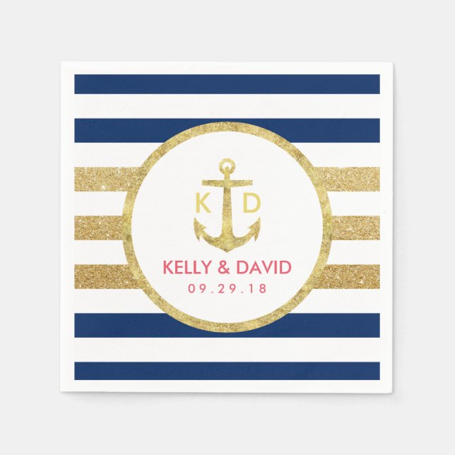 Gold Anchor Modern Stripes Nautical Wedding Napkin (Front)