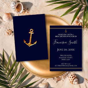 Gold Anchor Nautical Navy Blue Bridal Shower Invitation