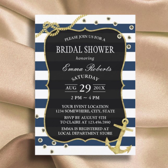 Gold Anchor Nautical Navy Stripes Bridal Shower Invitation (Creator Uploaded)