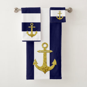 Gold anchor nautical stripes bath towel set