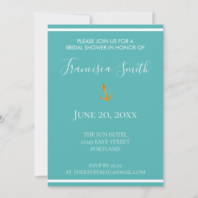 Gold Anchor Nautical Teal Blue Bridal Shower Invitation (Front)