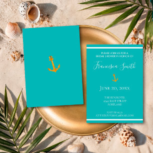 Gold Anchor Nautical Teal Blue Bridal Shower Invitation