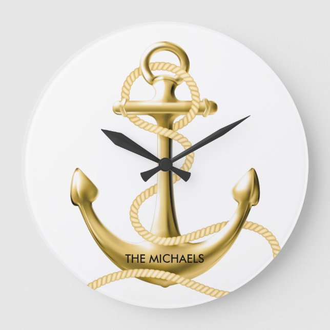 Gold anchor nautical wall clock Personalised (Front)