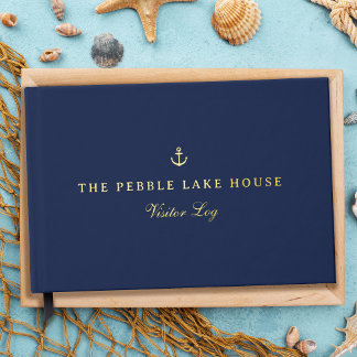 Gold Anchor Navy Blue Nautical Visitor Log Guest Book