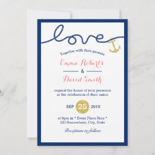 Gold Anchor Navy Blue Nautical Wedding Invitation