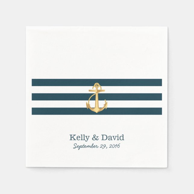 Gold Anchor Navy Blue Stripes Nautical Wedding Napkin (Front)