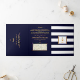Gold Anchor Navy Blue & White Stripe Wedding Suite Tri-Fold Invitation