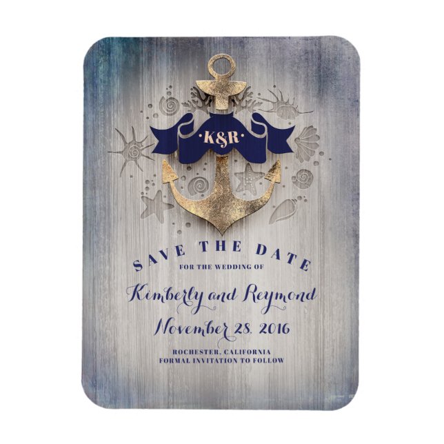Gold Anchor Navy Nautical Beach Save the Date Magnet (Vertical)