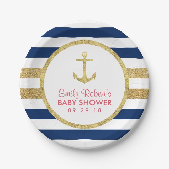 Gold Anchor Navy Stripes Nautical Baby Shower Paper Plate (Front)