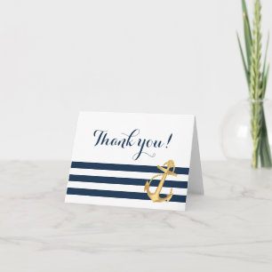 Gold Anchor Navy Stripes Nautical Thank You Card