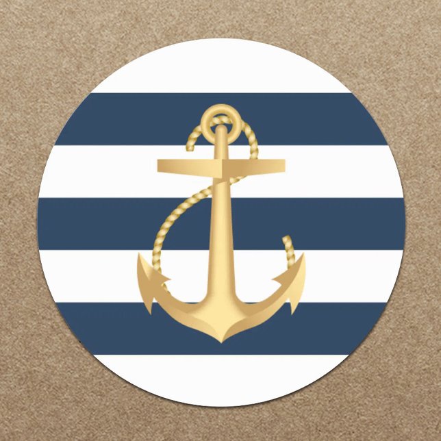 Gold Anchor Navy Stripes Nautical Wedding Classic Round Sticker (Creator Uploaded)