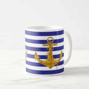 Gold Anchor on Blue Stripes Coffee Mug