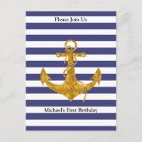 Gold Anchor on Blue Stripes Party Invitation