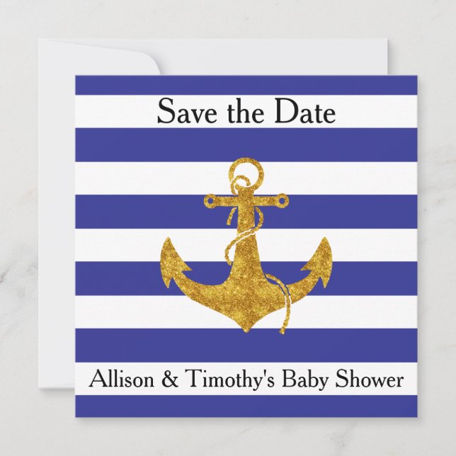 Gold Anchor on Blue Stripes Save the Date (Front)