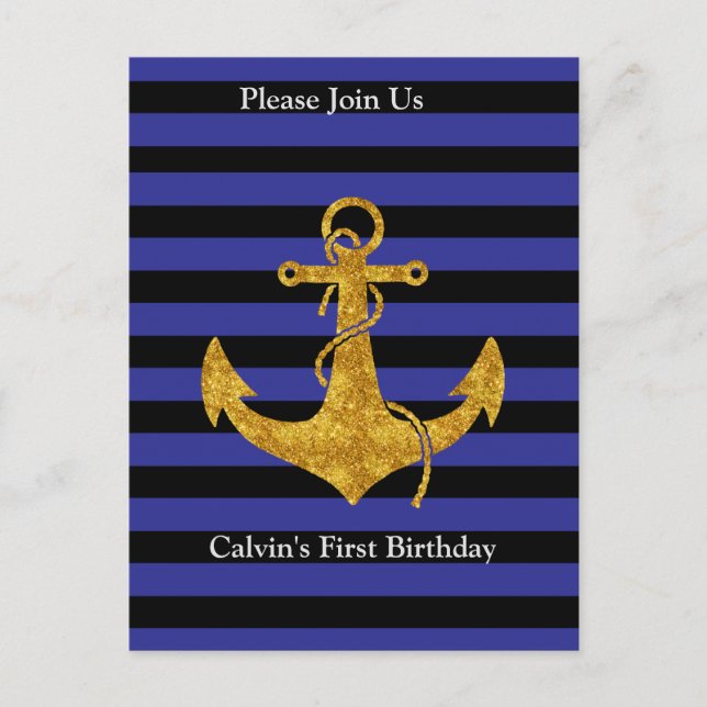 Gold Anchor on Blue Stripes with Custom Colour Postcard (Front)