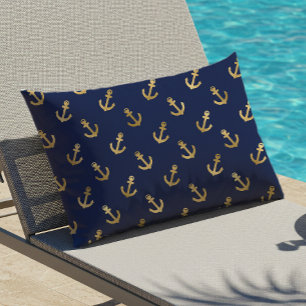 Gold Anchor Pattern Navy Blue Nautical Outdoor Lumbar Cushion