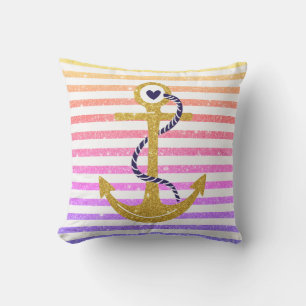 Gold anchor rainbow, white stripes nautical outdoor cushion
