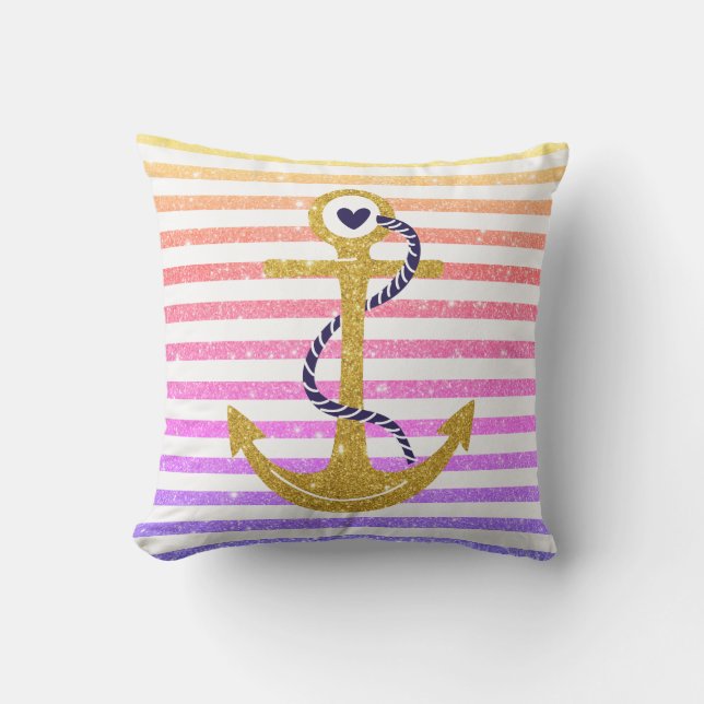 Gold anchor rainbow, white stripes nautical outdoor cushion (Front)
