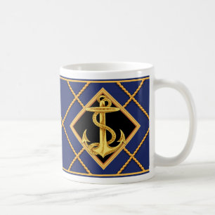 Gold Anchor & Ship Rope Navy Blue Nautical Mug/Cup Coffee Mug