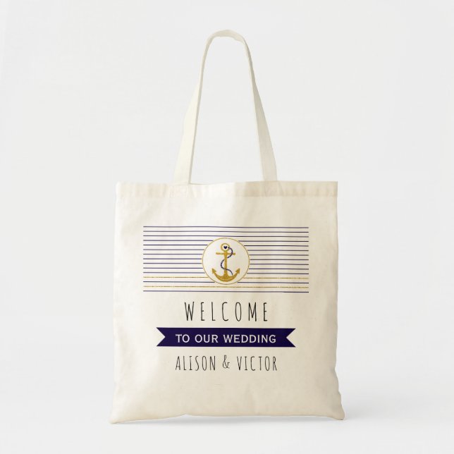 Gold anchor stripes nautical wedding welcome bag (Front)