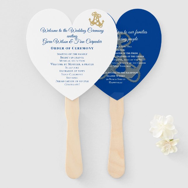 Gold Anchors Heart-Shaped Wedding Fan Program (Front and Back)