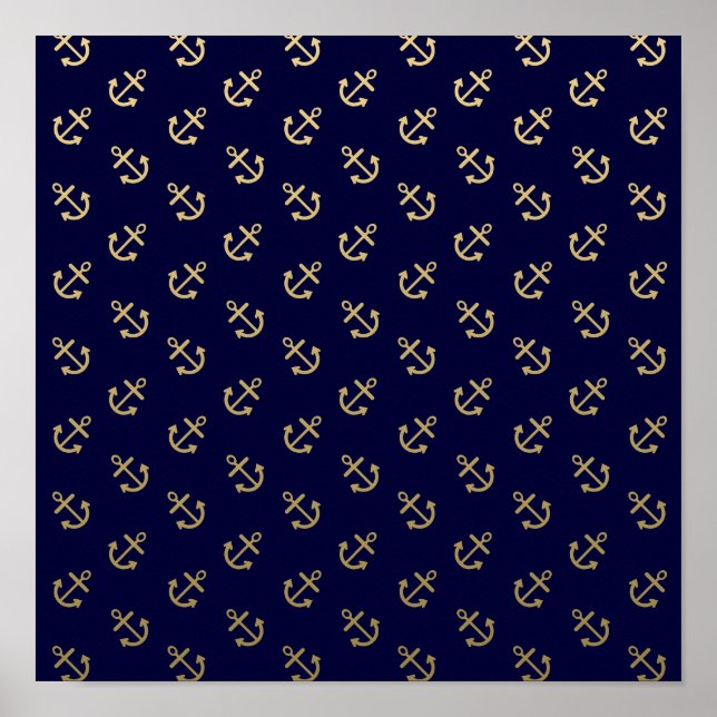 Gold Anchors Navy Blue Background Pattern Poster (Front)