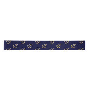 Gold Anchors Navy Blue Background Pattern Satin Ribbon