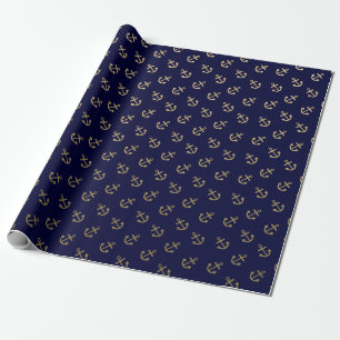 Gold Anchors Navy Blue Background Pattern Wrapping Paper