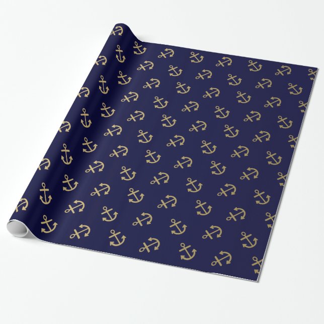 Gold Anchors Navy Blue Background Pattern Wrapping Paper (Unrolled)