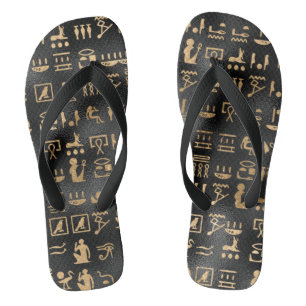 Gold Ancient Egyptian Hieroglyphics on Black Thongs