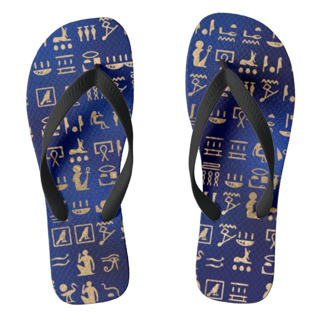 Gold Ancient Egyptian Hieroglyphics on Blue Thongs (Footbed)