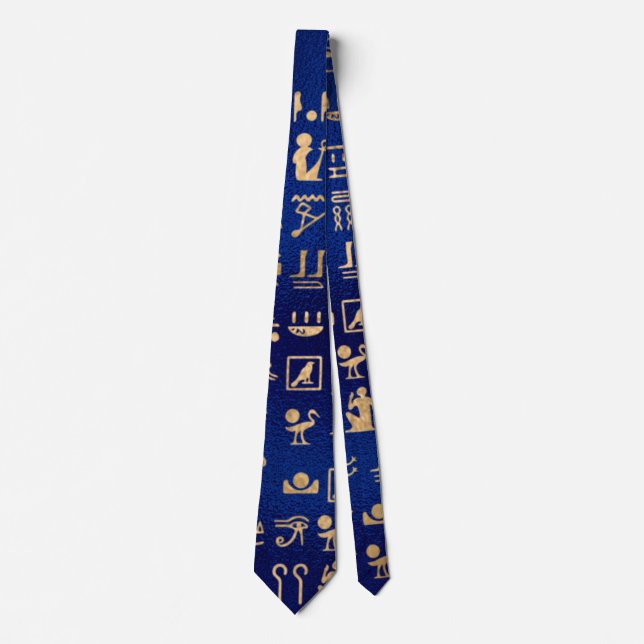 Gold Ancient Egyptian Hieroglyphics on Blue Tie (Front)