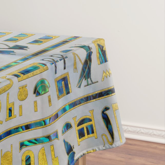 Gold and Abalone Egyptian hieroglyphs on pearl Tablecloth (In Situ)