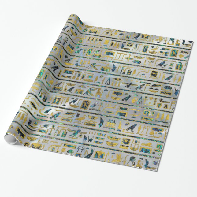Gold and Abalone Egyptian hieroglyphs on pearl Wrapping Paper (Unrolled)