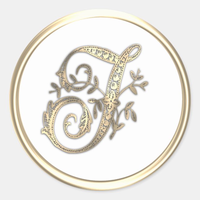 Gold and Any Colour Ornate Initial Monogram T Classic Round Sticker (Front)