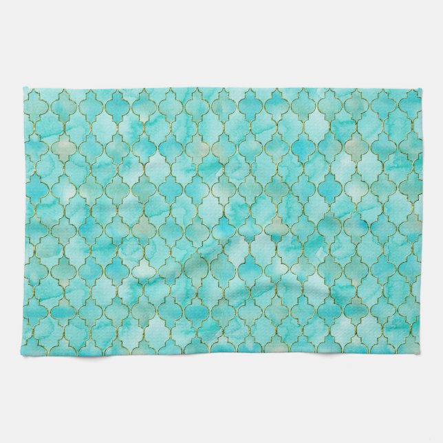 Gold and Aqua Maroccan pattern Tea Towel (Horizontal)