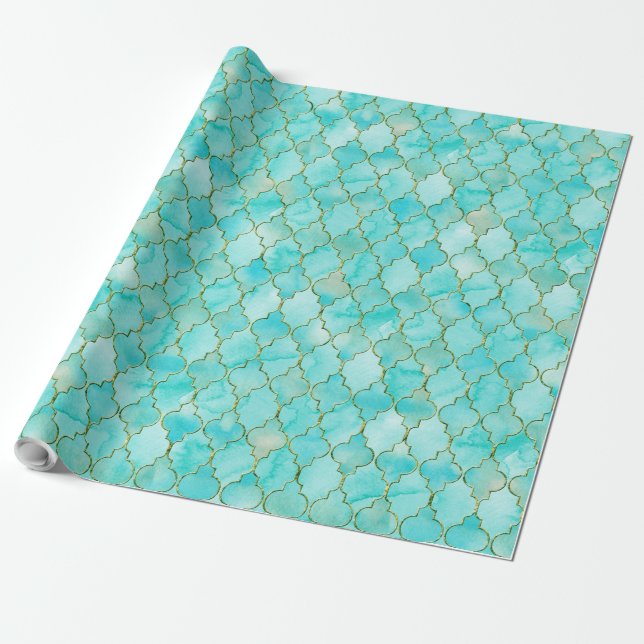 Gold and Aqua Maroccan pattern Wrapping Paper (Unrolled)