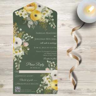 Gold and Beige Floral on Dark Green QR Code All In One Invitation