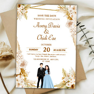 Gold and beige floral wedding invitation  