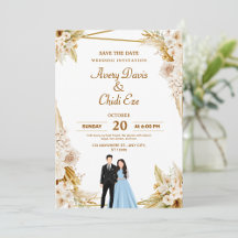 Gold and beige floral wedding invitation