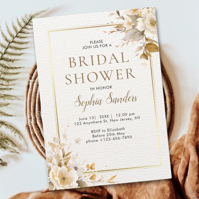 Gold and Beige Watercolor Flowers Bridal Shower Invitation (Creator Uploaded)