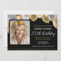 Gold and Black 100th Birthday Photo Invitation